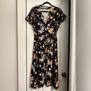 Loft - navy blue, floral, button down, midi dress - size 10 petite